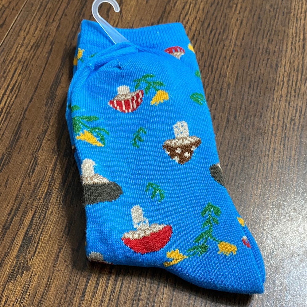 “5/$20” blue socks with mushrooms and flowers women’s sizes 9-11